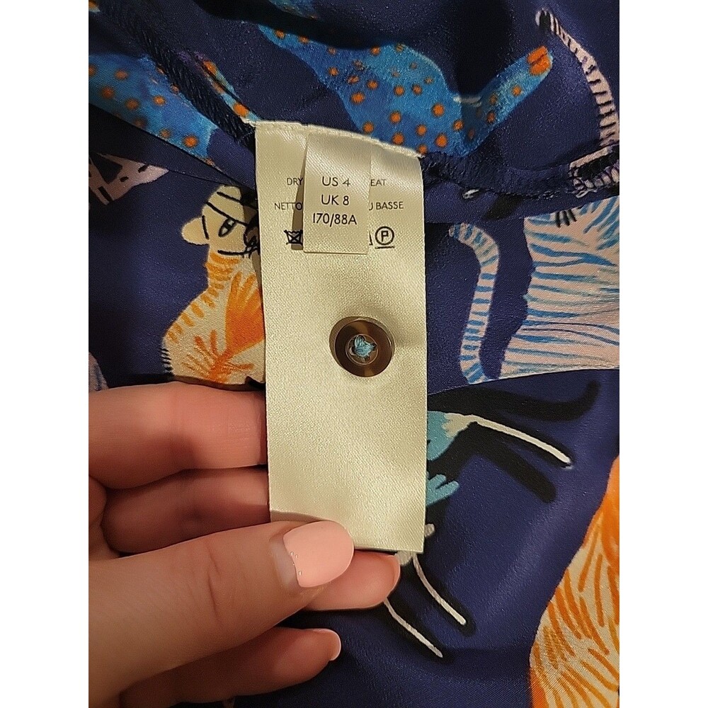 Anthropologie Carolyn Gavin Shirt Blue Mariposa Silk Blouse Cat Lion Leopard 4 - Picture 7 of 8